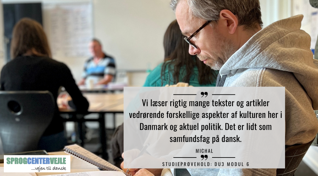 Vi læser rigtig mange tekster og artikler vedrørende forskellige aspekter af kulturen her i Danmark og aktuel politik. Det er lidt som samfundsfag på dansk. - Michal